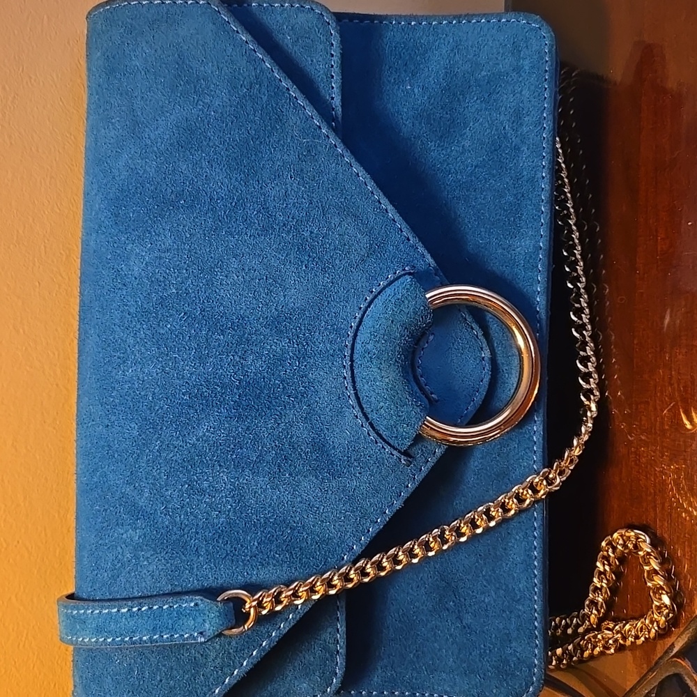 Banana Republic Bright Blue Suede Crossbody Bag with Gold Hardware and Chain